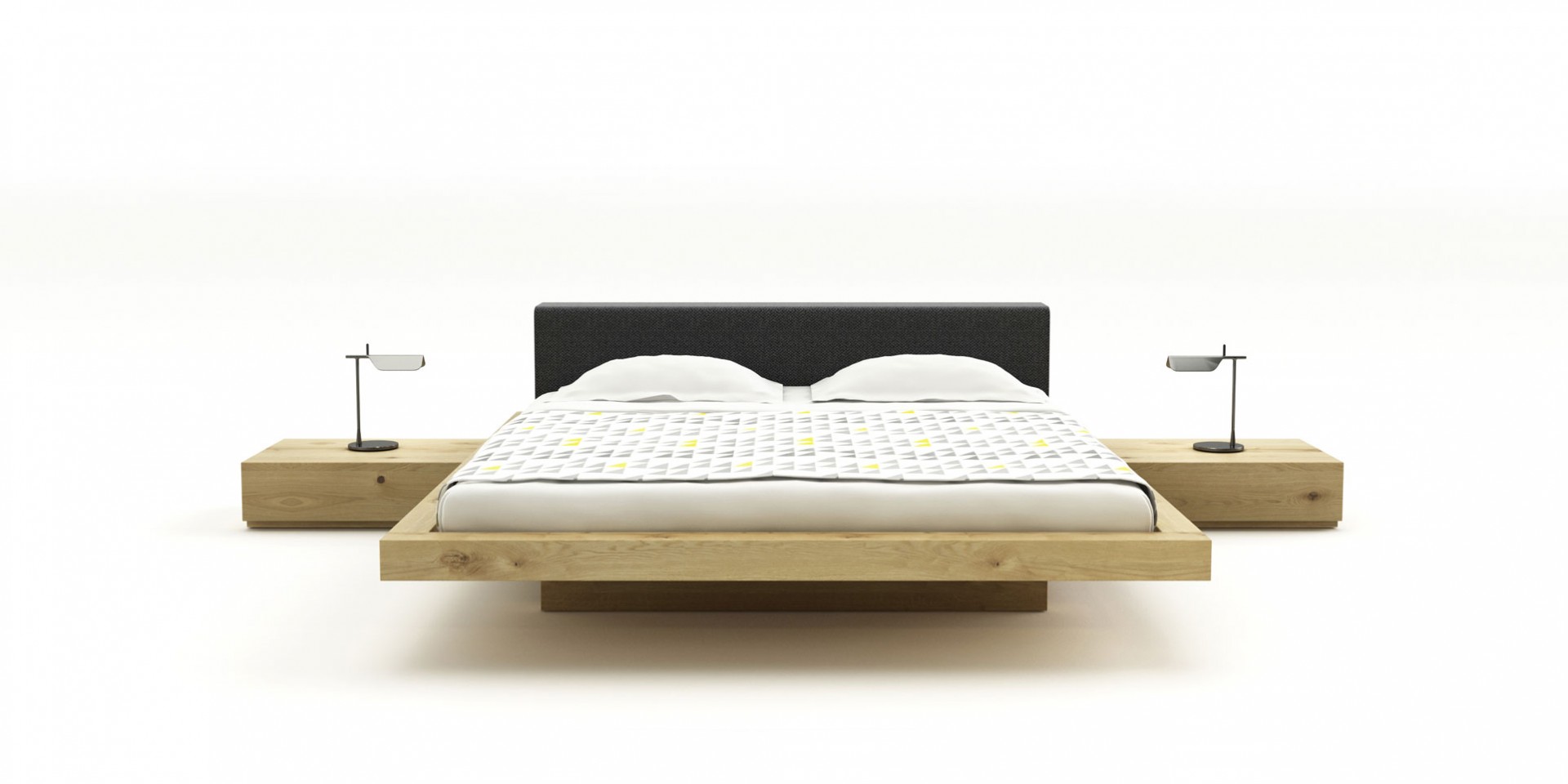 posteľ way z masívneho dubového dreva s látkovým čalúneným čelom, masívna drevená posteľ, dubová posteľ