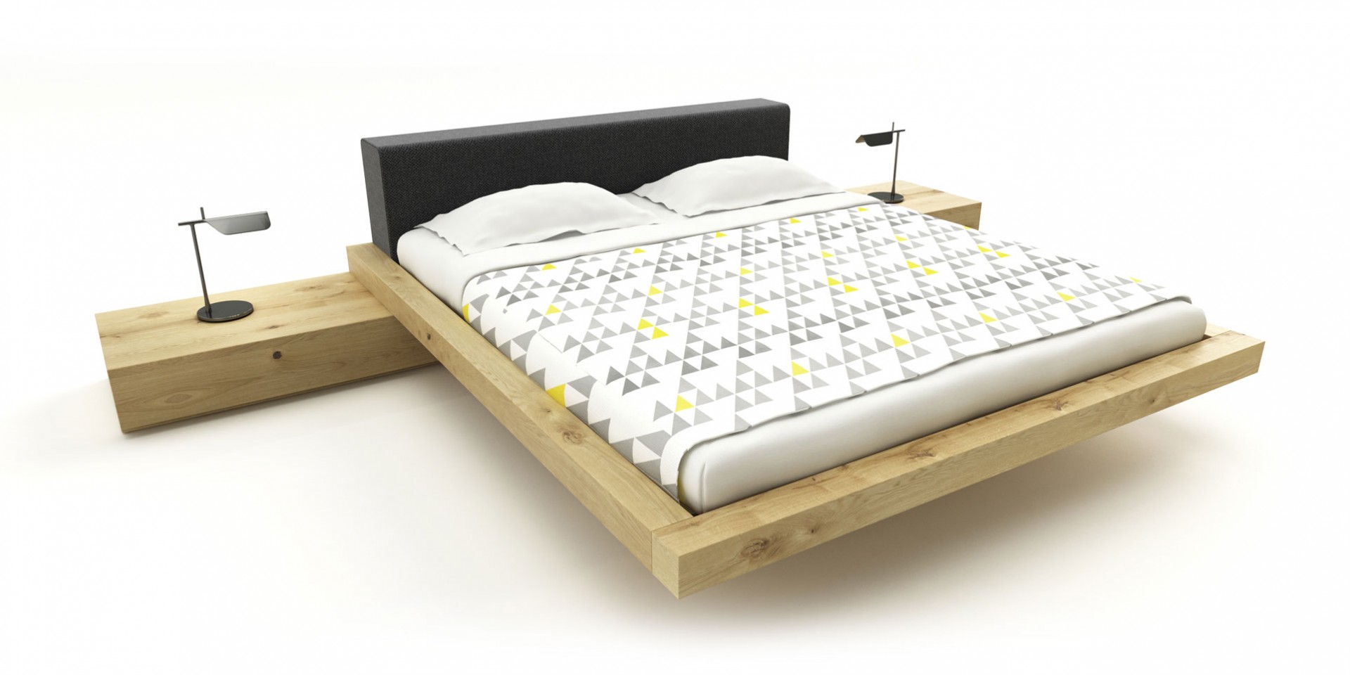 posteľ way z masívneho dubového dreva s látkovým čalúneným čelom, masívna drevená posteľ, dubová posteľ