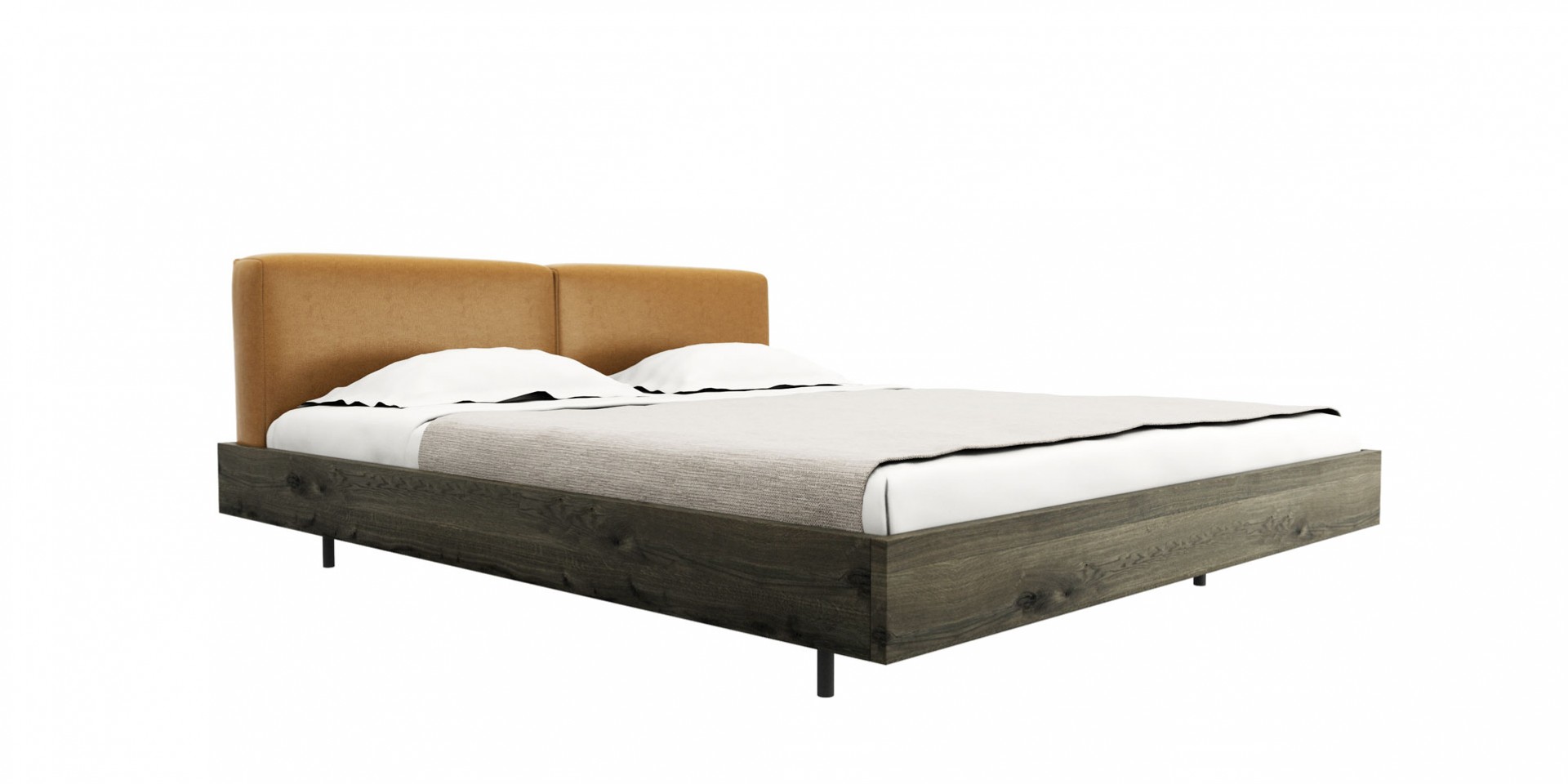 posteľ SAN z masívneho dubového dreva s látkovým čalúneným čelom, masívna drevená posteľ, dubová posteľ