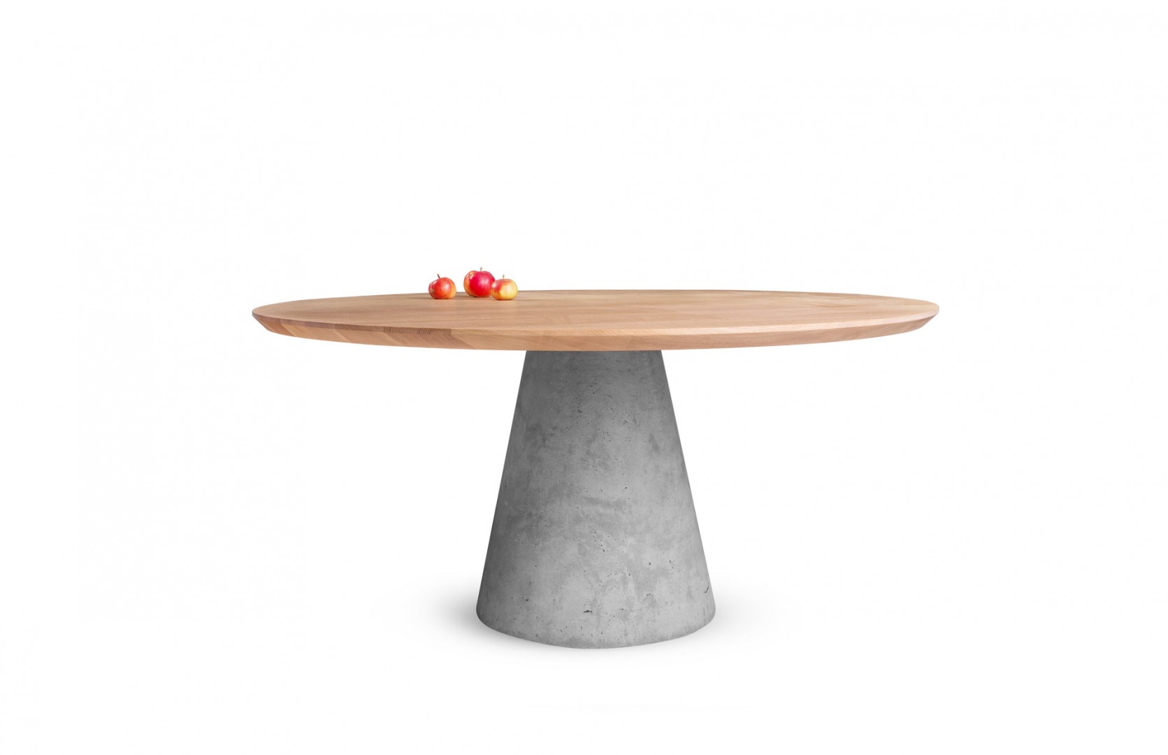 okrúhly jedálenský stôl TAP z masívneho dreva s betónovou podnožou, dubový okrúhly stôl, masívny okrúhly stôl